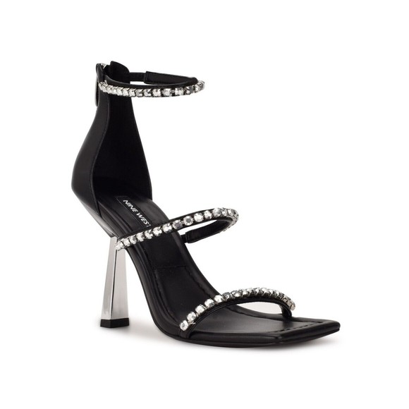 NINE WEST - VAVOOM, Black faux leather studded 4.25" heel sandals, SZ 7 - Picture 1 of 3